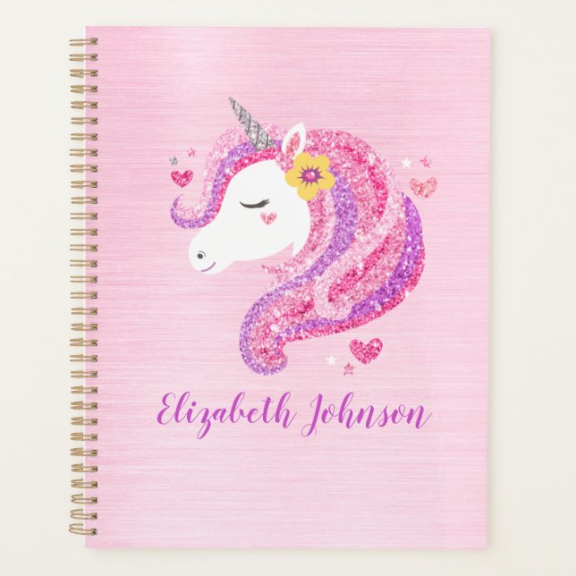 Personalized Magical Pink Glitter Unicorn Face  Planner (Front)
