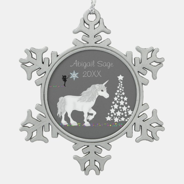 Personalized Magical White Unicorn and Fairy Snowflake Pewter Christmas Ornament (Front)