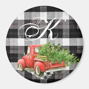 Personalized Magnet XMAS Truck Buffalo Plaid Black