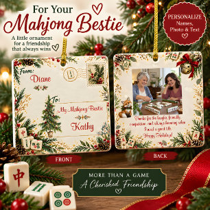 Personalized Mahjong Bestie Christmas Postcard Ceramic Ornament