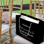 Personalized Maid of Honour Black White Thank You Large Gift Bag<br><div class="desc">Personalized maid of honour gift bag with a black and white colour palette. The name template is set up ready for you to add the maid of honour's name as well as the bride & groom's names and wedding date. The thank you wording reads "Thank you for being my maid...</div>