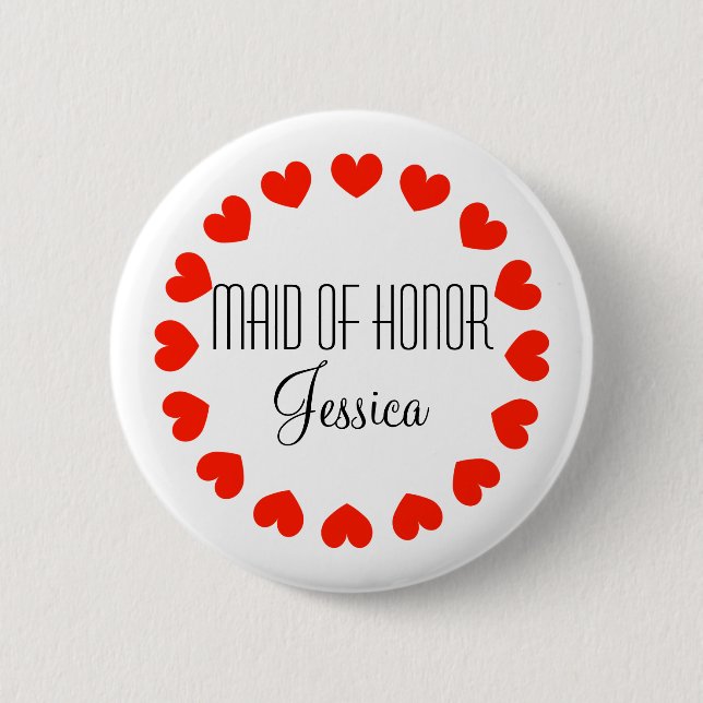 Personalized maid of honour buttons with red heart (Front)