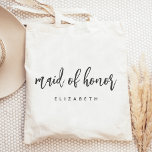 Personalized Maid of Honour Handwriting Script Tote Bag<br><div class="desc">This simple,  elegant tote bag features the words "maid of honour" in charcoal grey handwriting script. Personalize it with her name in sans serif font. Makes a perfect bridesmaid gift!</div>