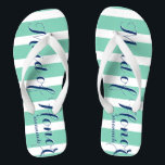 Personalized Maid of Honour Navy and Mint Flip Flops<br><div class="desc">Navy Blue and Mint Stripes Pattern - Change to Any Colour by clicking customize. And say anything you want.  Make these one of a kind flip flops that have YOUR message on them.  Be the talk of the beach!</div>