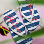 Personalized Maid of Honour Navy and Pink Flip Flops<br><div class="desc">Navy Blue White and Pink Stripes Pattern - Change to Any Colour by clicking customize. And say anything you want.  Make these one of a kind flip flops that have YOUR message on them.  Be the talk of the beach!</div>