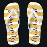 Personalized Maid of Honour Purple Mustard Yellow Flip Flops<br><div class="desc">Mustard Yellow and Purple Stripes Pattern - Change to Any Colour by clicking customize. And say anything you want.  Make these one of a kind flip flops that have YOUR message on them.  Be the talk of the beach!</div>