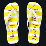 Personalized Maid of Honour Purple Yellow Any Colo Flip Flops<br><div class="desc">Yellow and White Stripes Pattern Purple Kiss Font - Change Yellow and Plum to Any Colour by clicking customize. And say anything you want.  Make these one of a kind flip flops that have YOUR message on them.  Be the talk of the beach!</div>
