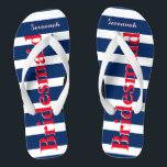 Personalized Maid of Honour Red White Blue Flip Flops<br><div class="desc">Mustard  Red White and Blue Stripes Pattern - Change to Any Colour by clicking customize. And say anything you want.  Make these one of a kind flip flops that have YOUR message on them.  Be the talk of the beach!</div>