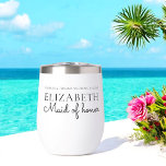 Personalized maid of honour Script Wedding<br><div class="desc">Custom wedding wine tumbler for your bridal party features "maid of honour" in elegant, classic calligraphy script typography with your bridesmaid's name beneath along with a text template where you can add the name of the bride and groom and the date. if youd like any other colours then please message...</div>