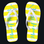 Personalized Maid of Honour Turquoise and Yellow Flip Flops<br><div class="desc">Primrose Blazing Yellow Elegance and White Stripes with Turquoise Aqua Blue Font - Change Yellow and Teal Font to Any Colour by clicking customize/edit. And say anything you want. Make these one of a kind flip flops that have YOUR message on them. Be the talk of the beach! bridesmaids, bachelorette...</div>