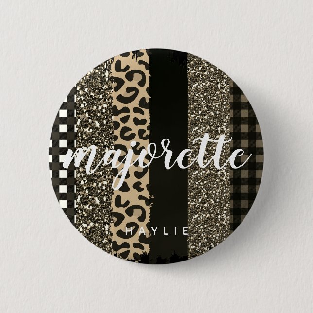 Personalized Majorette Faux Cheetah and Glitter 2 Inch Round Button (Front)