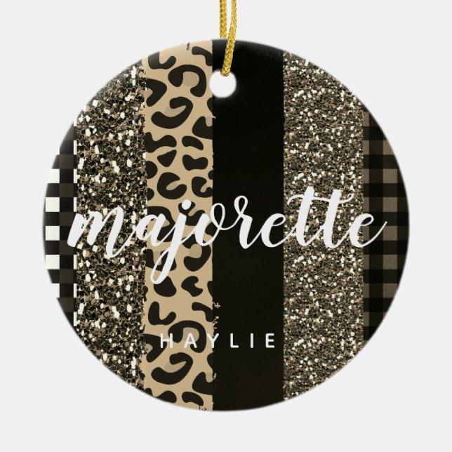 Personalized Majorette Faux Cheetah and Glitter Ceramic Ornament (Front)