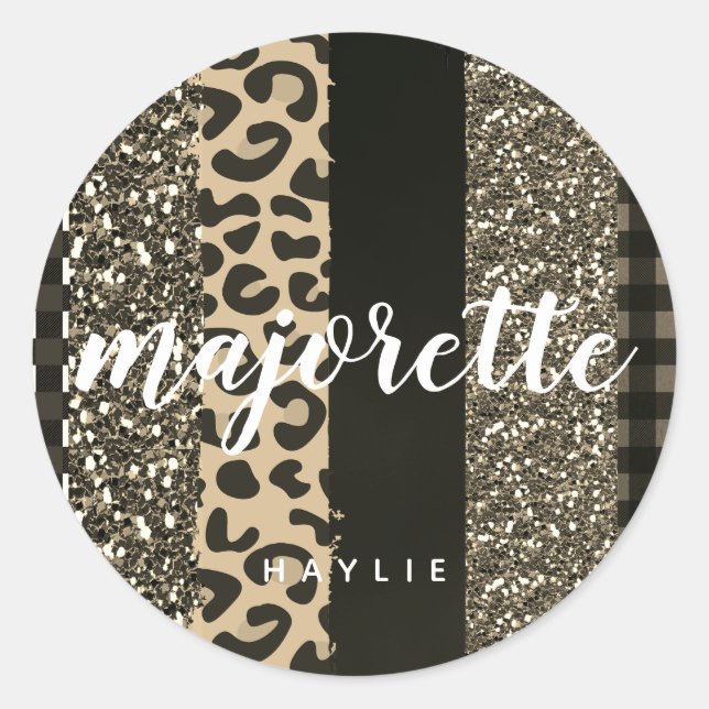 Personalized Majorette Faux Cheetah and Glitter Classic Round Sticker (Front)