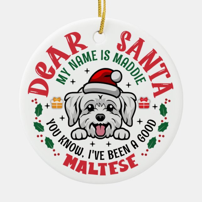 Personalized Maltese Dog Christmas Tree Round Ceramic Ornament (Front)