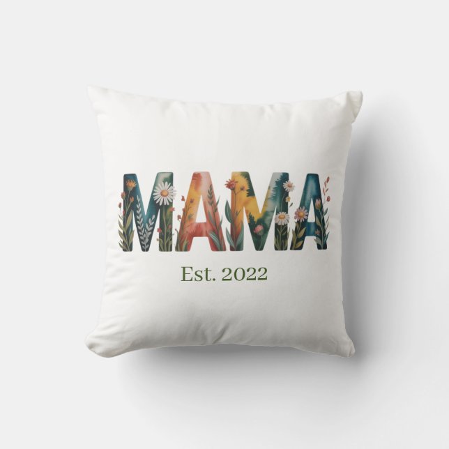 Personalized Mama Est Year Floral Mother Gift Throw Pillow (Front)