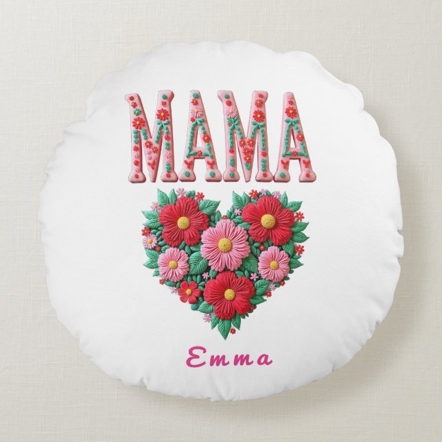 Personalized Mama Heart Floral Custom Gift Round Pillow (Front)