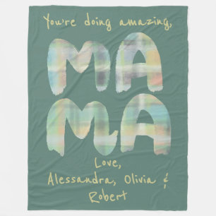 Personalized Mama Kids Names Boho Green Plaid Cute Fleece Blanket