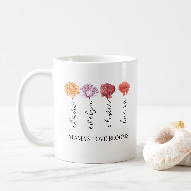 Personalized Mama's Love Blooms Birth Month Flower Coffee Mug (With Donut)