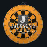 Personalized Man Cave Custom Bar Name Dartboard<br><div class="desc">Faux wooden background with monogram and family name in center of the board. Other colors available in the shop. This fun template lets you create your own personalized man cave "your name" whiskey or bbq backyard bar dart board sign. Unique fun gift</div>