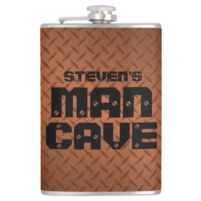 Personalized Man Cave Flask - Copper Diamondplate (Front)