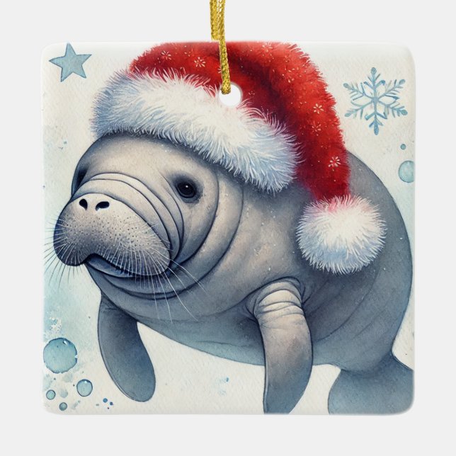Personalized Manatee with Santa Hat Ceramic Ornament (Front)