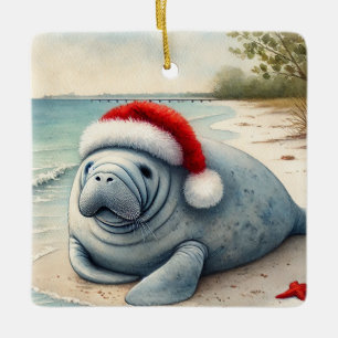 Personalized Manatee with Santa Hat Ceramic Ornament