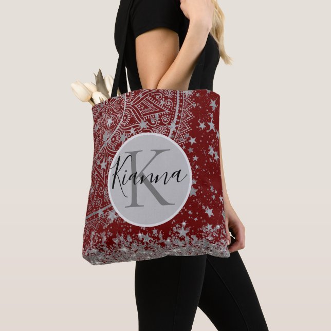 Personalized Mandala with Silver Stars on Red Tote Bag (Close Up)