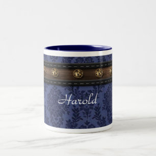 Personalized man's blue damask mug