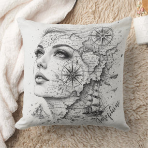 Personalized Map Compass Woman Art Vintage Chic Throw Pillow