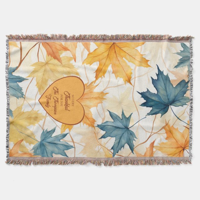 Personalized Maple Leaves Thanksgiving Heart  Throw Blanket (Front)