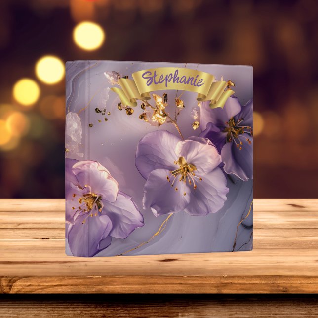 Personalized Marble Lavender Flower with Gold Binder (Personalized Marble Lavender Flower with Gold 3 Ring Binder)