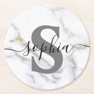 Personalized Marble Monogram Custom Text Modern Round Paper Coaster