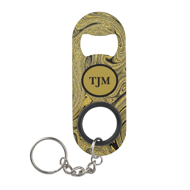 Personalized Marbleized Decorative Black Gold Keychain Bottle Opener (Front)