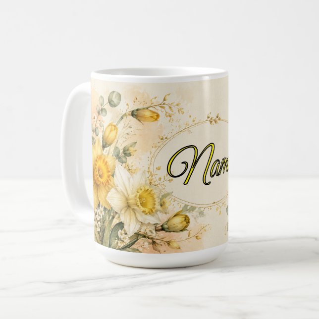 Personalized March Birth Flower Daffodil Coffee Mug (Front Left)