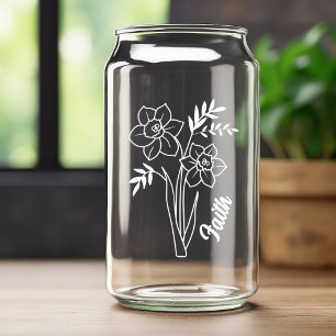 Personalized March Birth Flower Daffodil White Can Glass