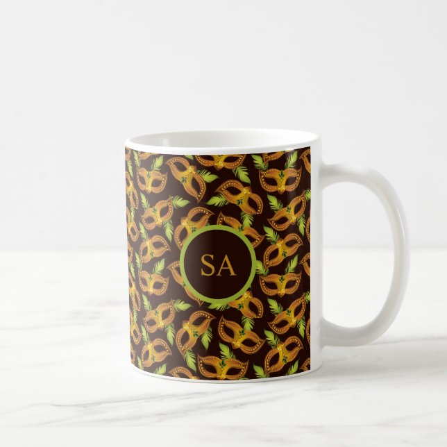 Personalized Mardi Gras Golden Mask Green Feathers Coffee Mug (Right)