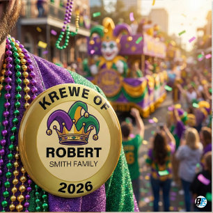 Personalized Mardi Gras Krewe Family Jester Hat 2 Inch Round Button
