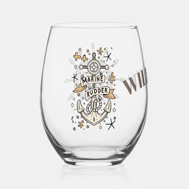 Personalized marine rudder Drinkware Set Stemless Wine Glass (Front)
