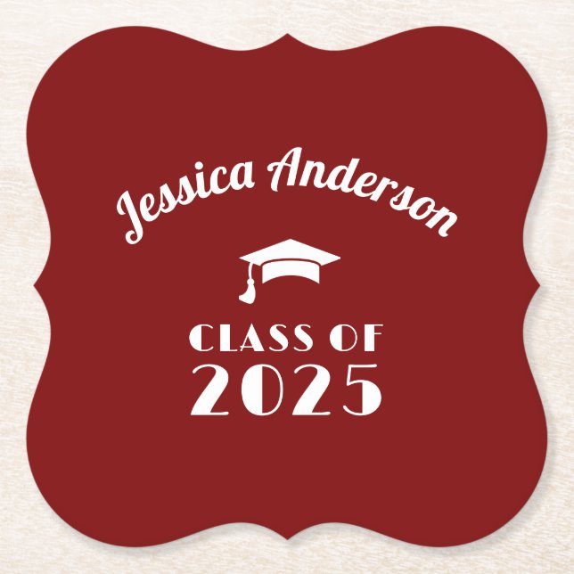 Personalized Maroon and White Graduation  Paper Coaster (Front)
