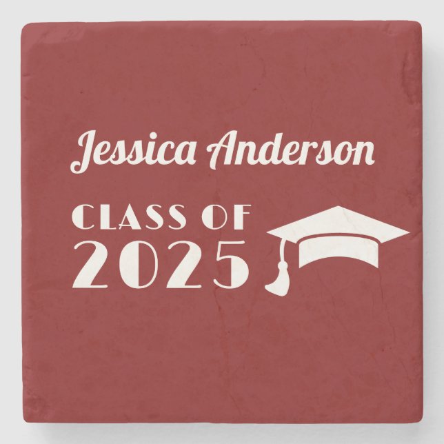Personalized Maroon and White Graduation  Stone Coaster (Front)