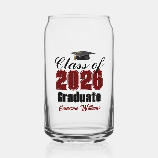 Personalized Maroon Black Class of 2026 Graduation Can Glass (Front)