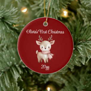 Personalized Maroon Deer Baby Girl First Christmas Ceramic Ornament