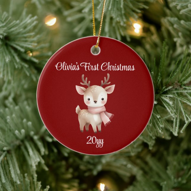 Personalized Maroon Deer Baby Girl First Christmas Ceramic Ornament (Tree)