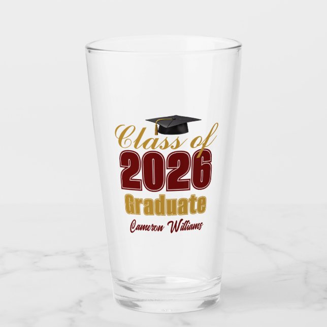 Personalized Maroon Gold Class of 2026 Graduation Glass (Front)