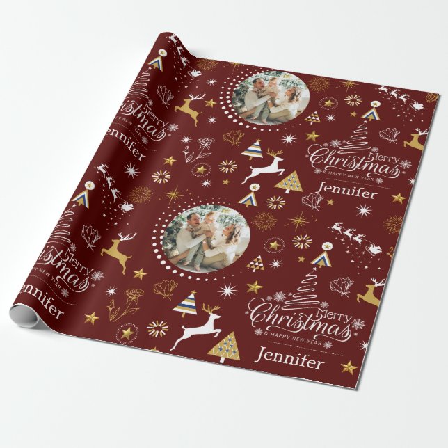Personalized Maroon Merry Christmas gift Wrapping Paper (Unrolled)