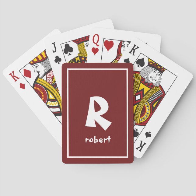 Personalized Maroon & White Initial Monogam Name Playing Cards (Back)