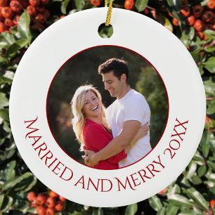 Personalized Married and Merry Photo Ceramic Ornament