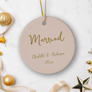 Personalized Married Couple Handwritten Blush Gold Ceramic Ornament