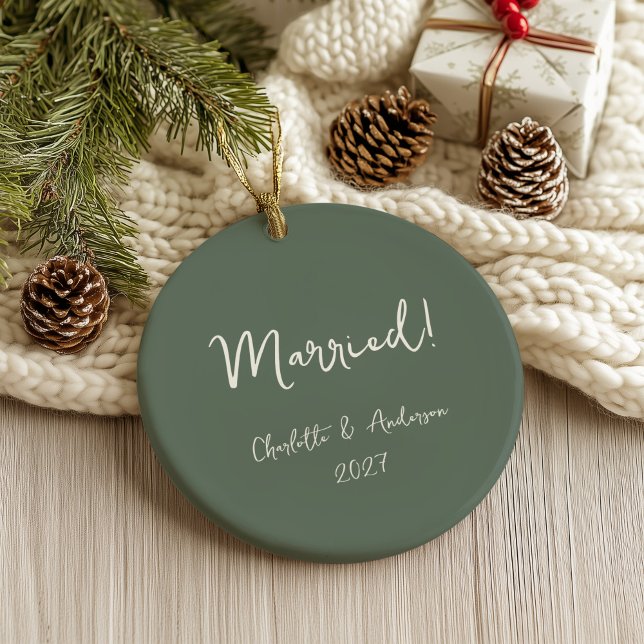Personalized Married Couple Handwritten Green Ceramic Ornament (Creator Uploaded)