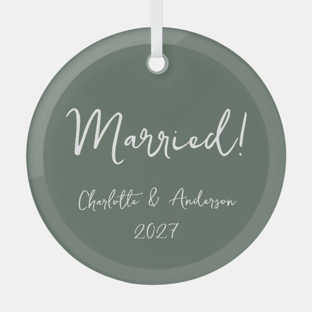 Personalized Married Couple Handwritten Green Glass Ornament (Front)